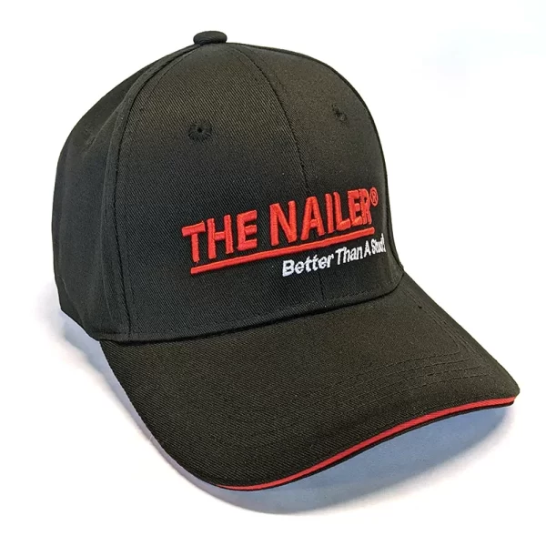 Nailer Hat front view with red and white text on a black baseball cap