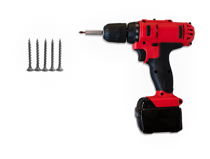 Drywall backer clip installation tools including screws and a screw gun
